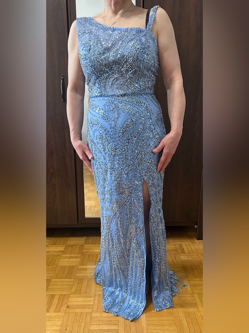 Embellished Light Blue One-Shoulder Maxi Dress with Front Slit